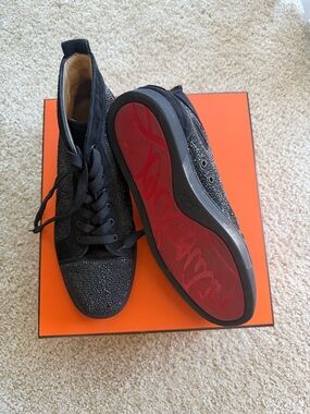 Christian Louboutin Black Sparkle High-Top Sneakers with Red Sole